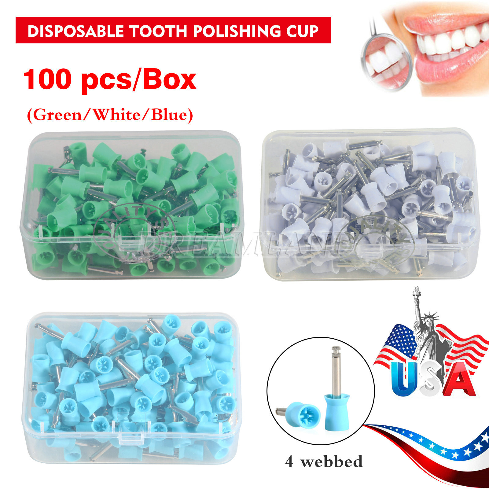 100 Pcs Dental Polishing Prophy Prophylaxis Cups Latch Rubber Polisher 3 colors