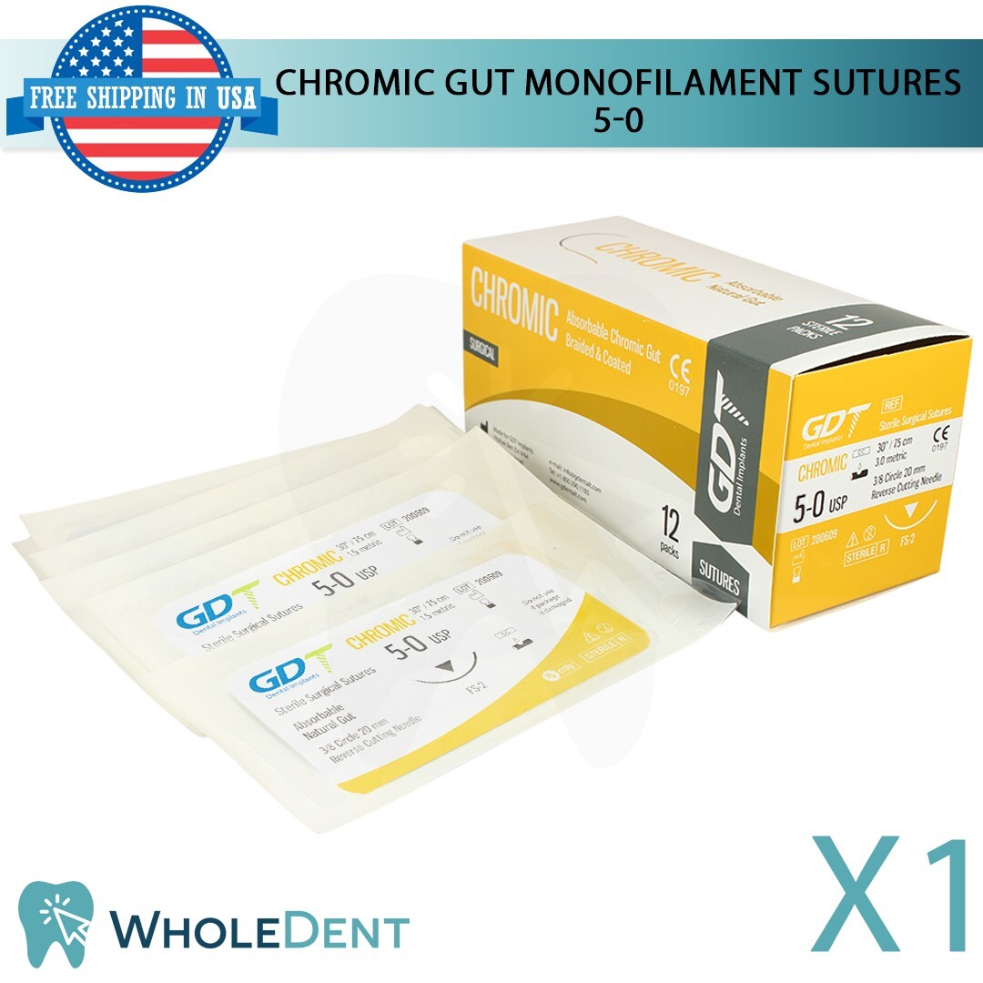 Chromic Sut ure Sewing Thread 3/8 Circle Reverse Sterile 5-0 USP 12pcs/Box 75cm