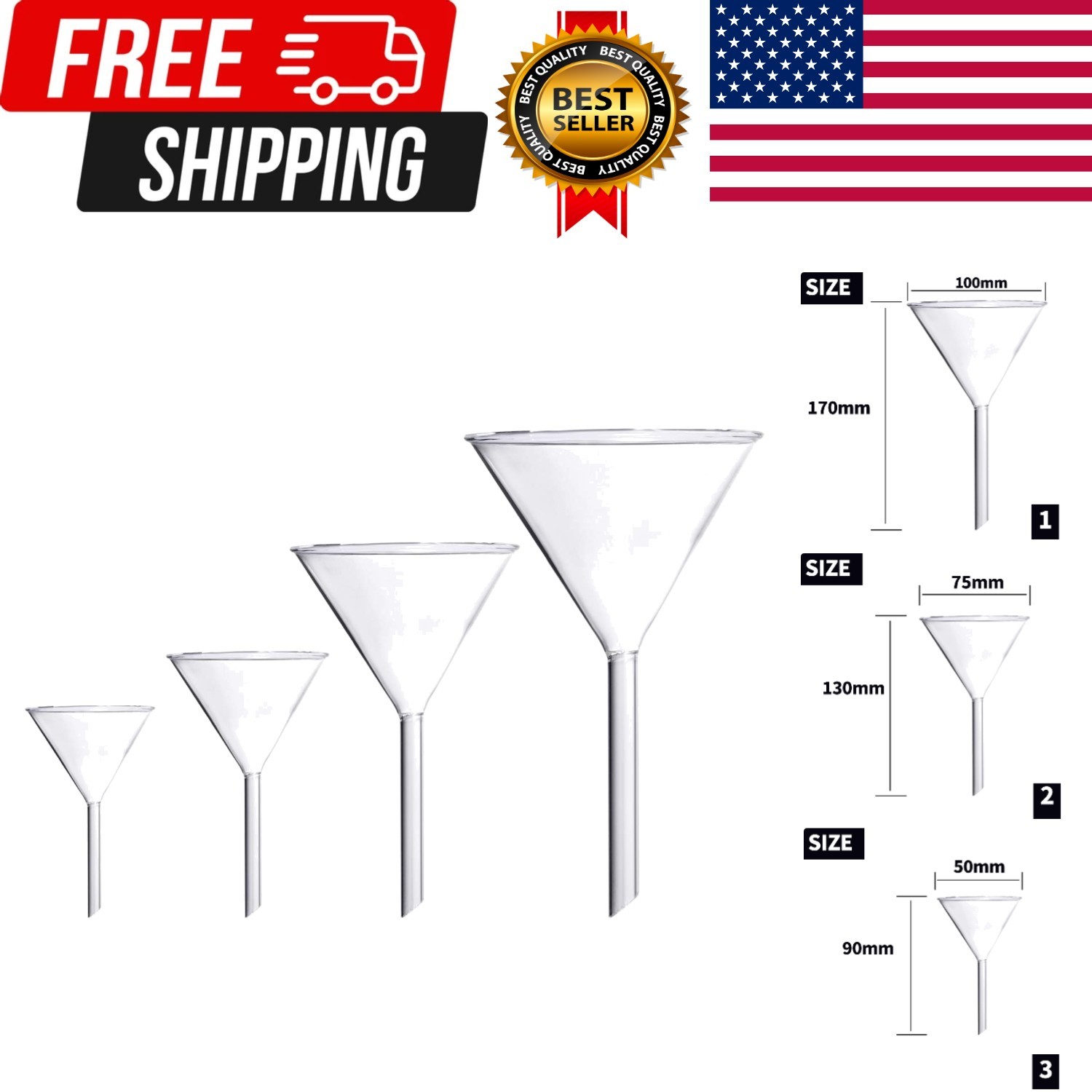 Glass Funnel Set, 4 Pcs Lab Borosilicate Glass Funnels, 100mm (170mm Length), 75