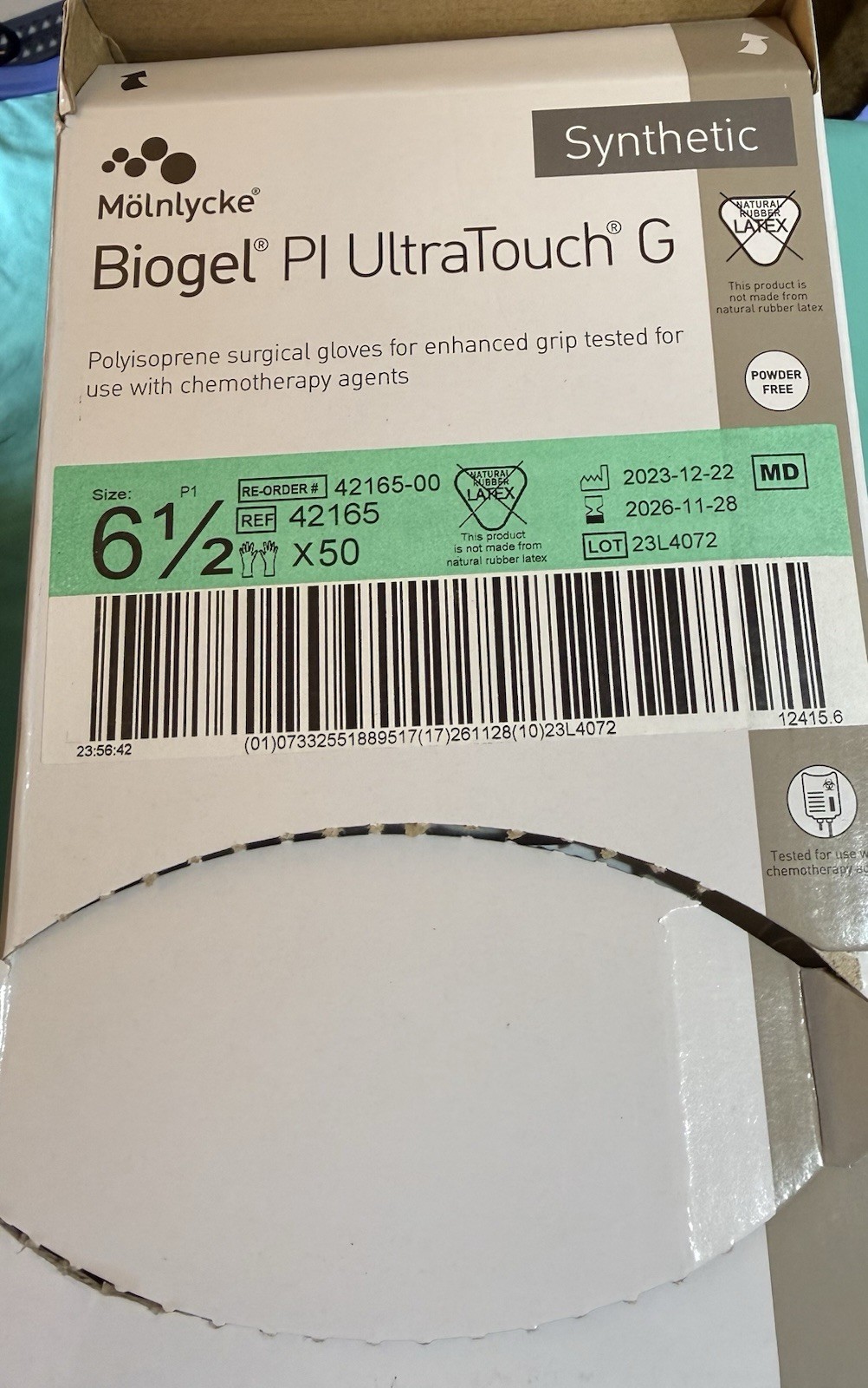 Mölnlycke Biogel PI UltraTouch G Neoprene Surgical Gloves 6 1/2 PF 42165