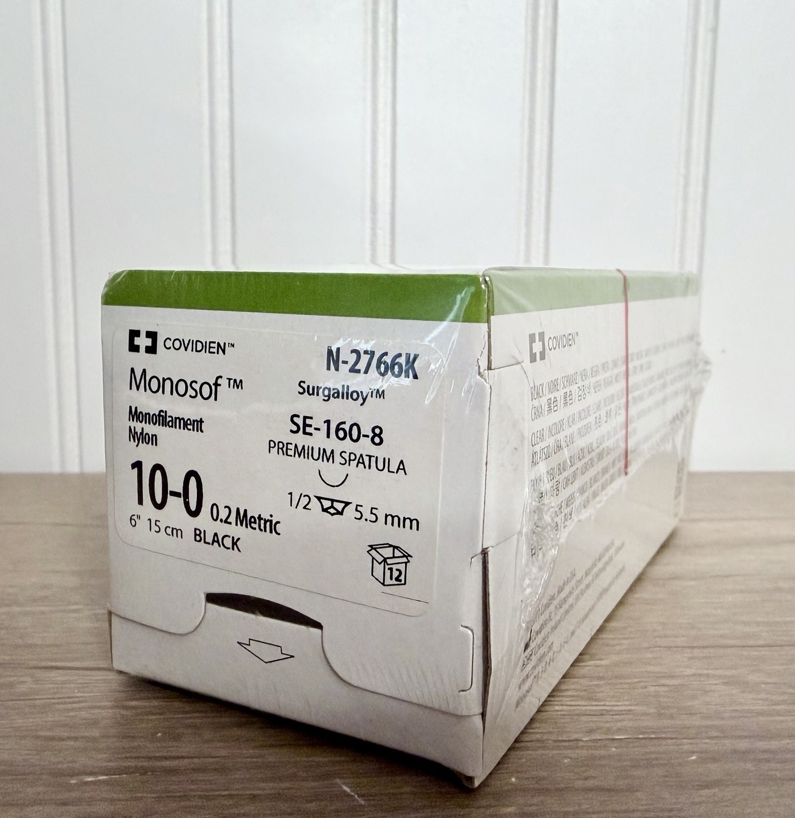 Covidien MONOSOF Nylon Suture Spatula 10-0 Black 6″ Needle SE-160-8 N2766K 12/pk