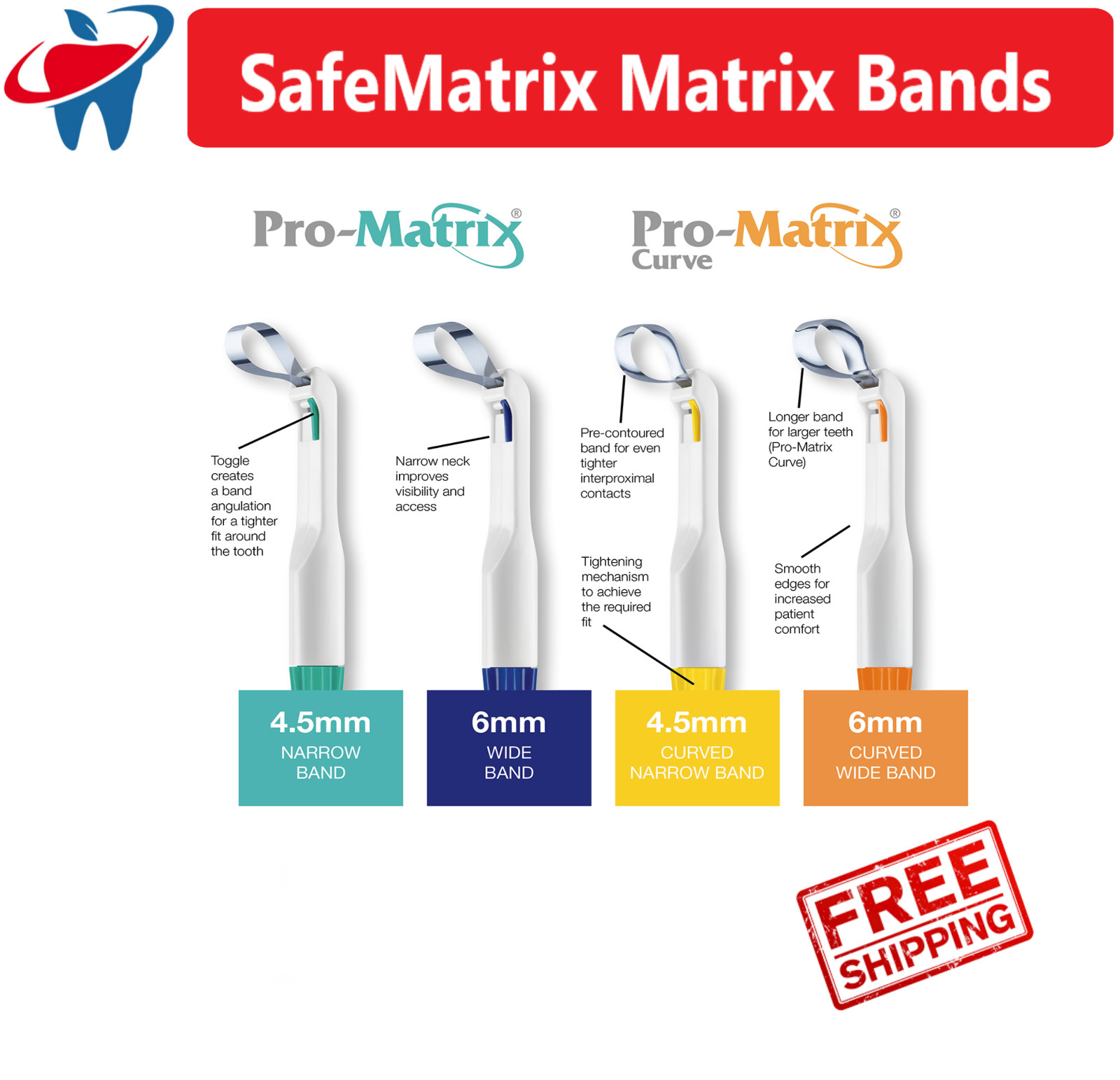 Dental Pro-Matrix Amalgam Matrix Bands Disposable Wide, Narrow, Curve, 50/Bx