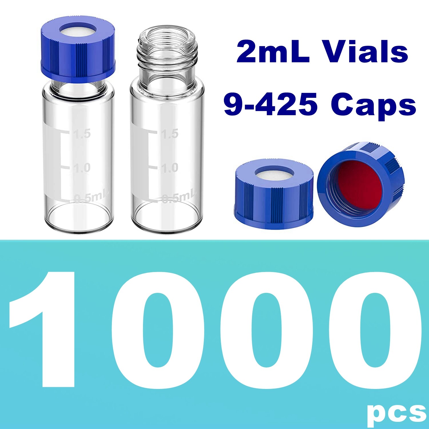 2mL Glass Vials with 9-425 9mm Screw Caps, Autosampler Sample Vials for HPLC/GC