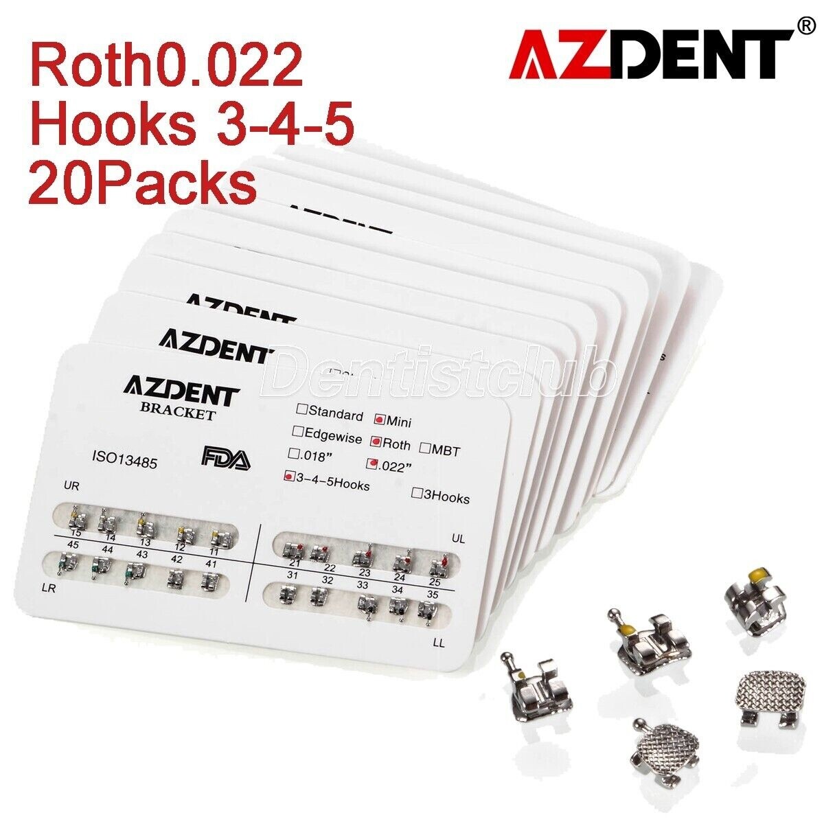 20X AZDENT Dental Orthodontics Metal Brackets Braces Mini Roth 022 Hooks 3 4 5