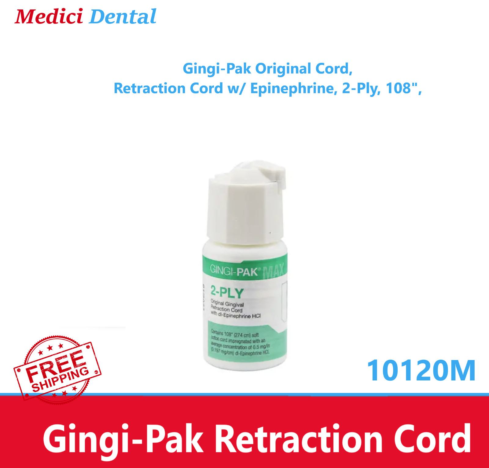 Dental Gingi-Pak Cord, Retraction Cord w/ Epinephrine, 2-Ply, 108″, 10120M