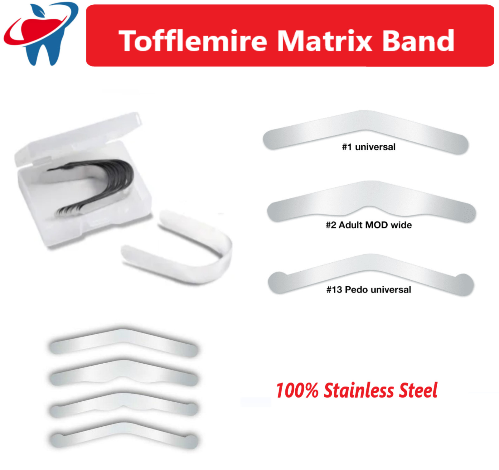Dental Tofflemire Matrix Bands Universal Adult /Pedo #13, #1, #2, $3 Soft End