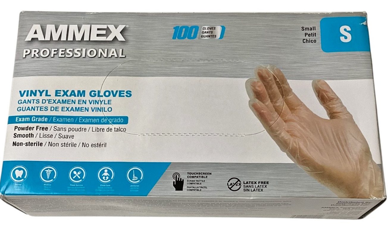 AMMEX: 100 Professional Vinyl Exam Gloves, Latex & Powder Free, Size Small