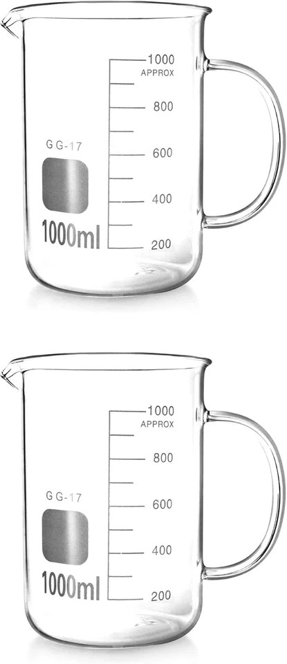 1000 mL Borosilicate Glass Beaker Mug with Handle & Spout, Measuring Cup, 2 Pack