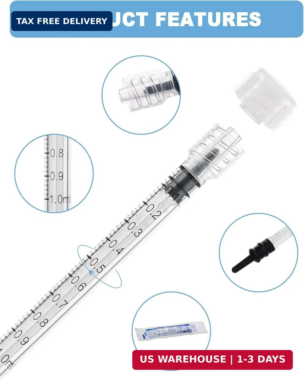 1mL Syringes without Needle, Luer Lock Syringe with Cap, Sterile Individually Wr