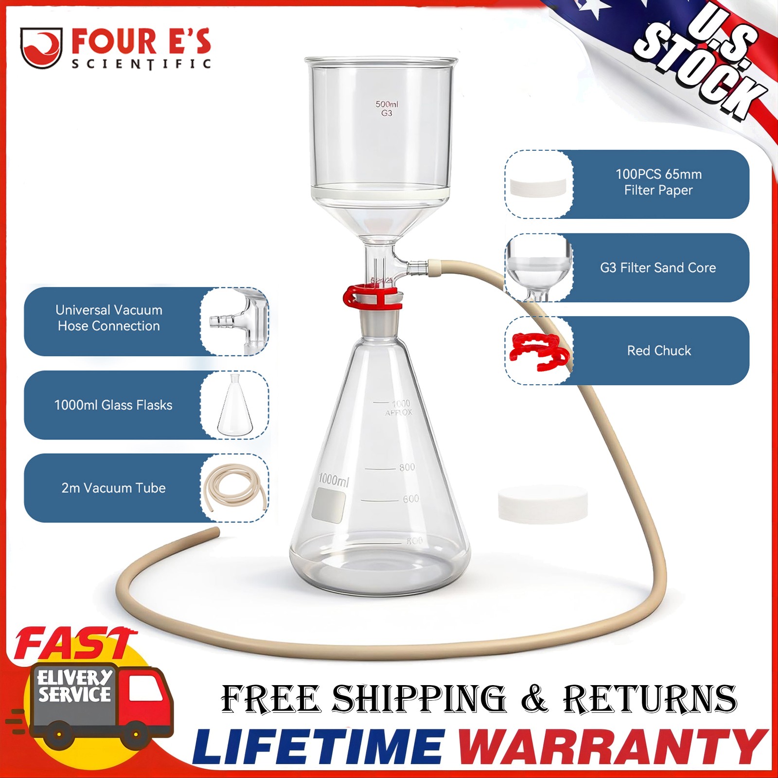 Flask Funnel Lab Vacuum Filtration buchner Funnel Kit 1L Filter w/ Bottle Funnel