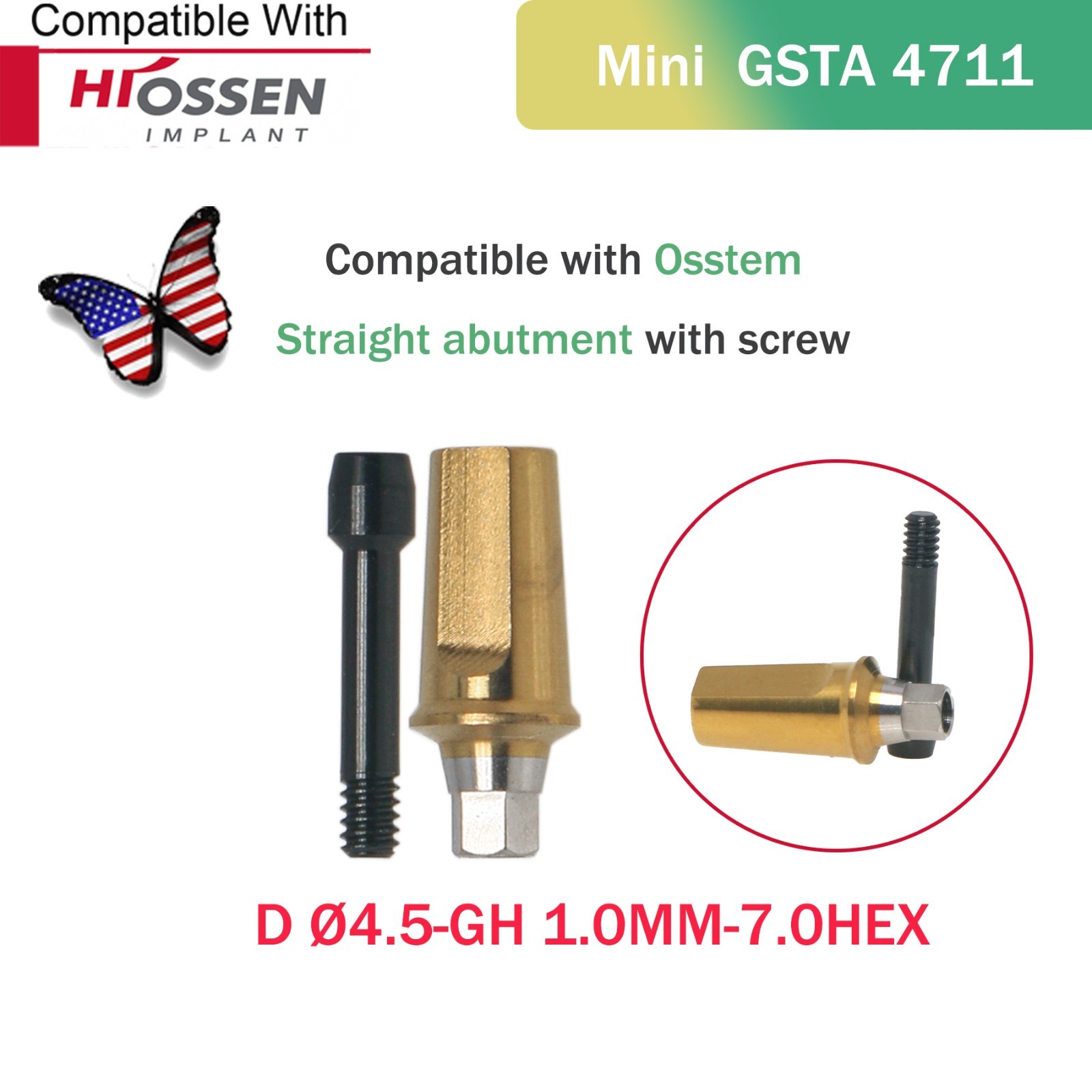 US Titanium Straight Transfer Hex Abutment Fit Hiossen ET/Osstem TS Mini/Regular