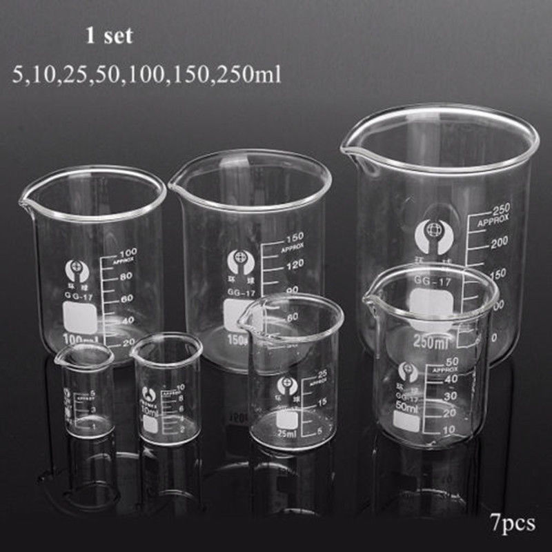 1 Set 7pcs 5/10/25/50/100/150/250ml Glass Beaker Chemistry Laboratory