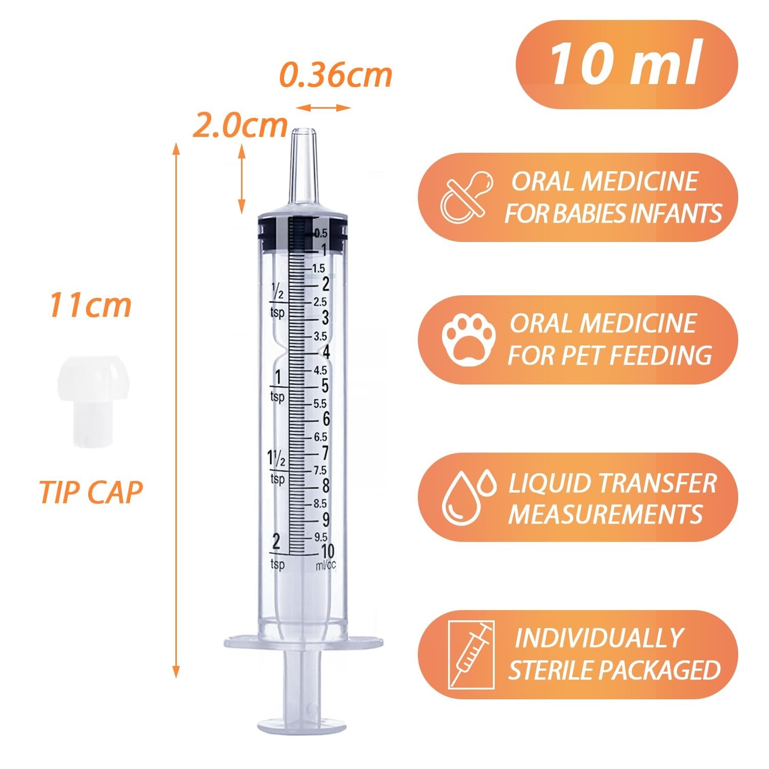 10mL Syringe for Liquid, Food, Oral, Scientific Labs, Measurement, Dispensing,