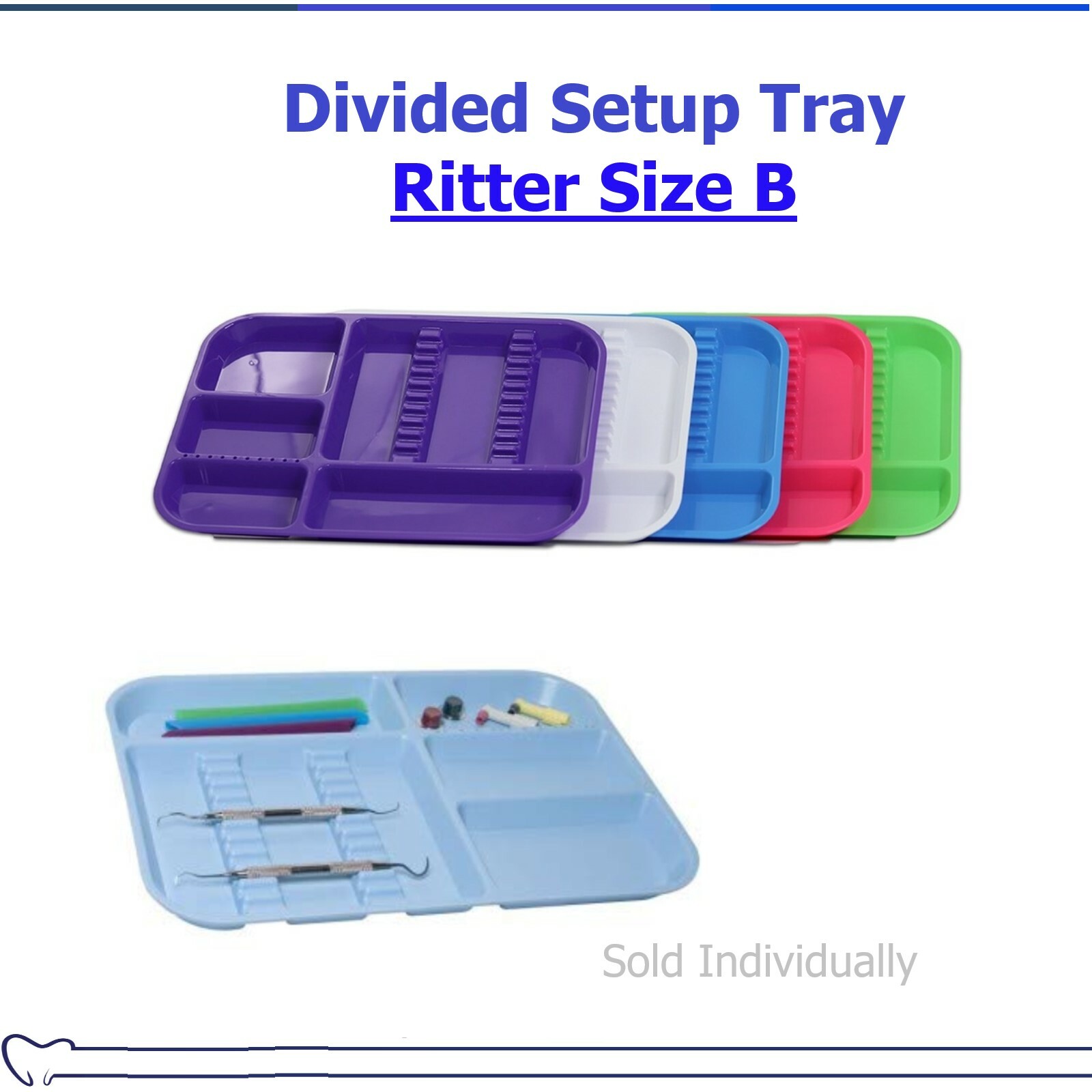 DENTAL SET-UP DIVIDED Tray SIZE B (RITTER) Autoclavable to 250F -16 Colors