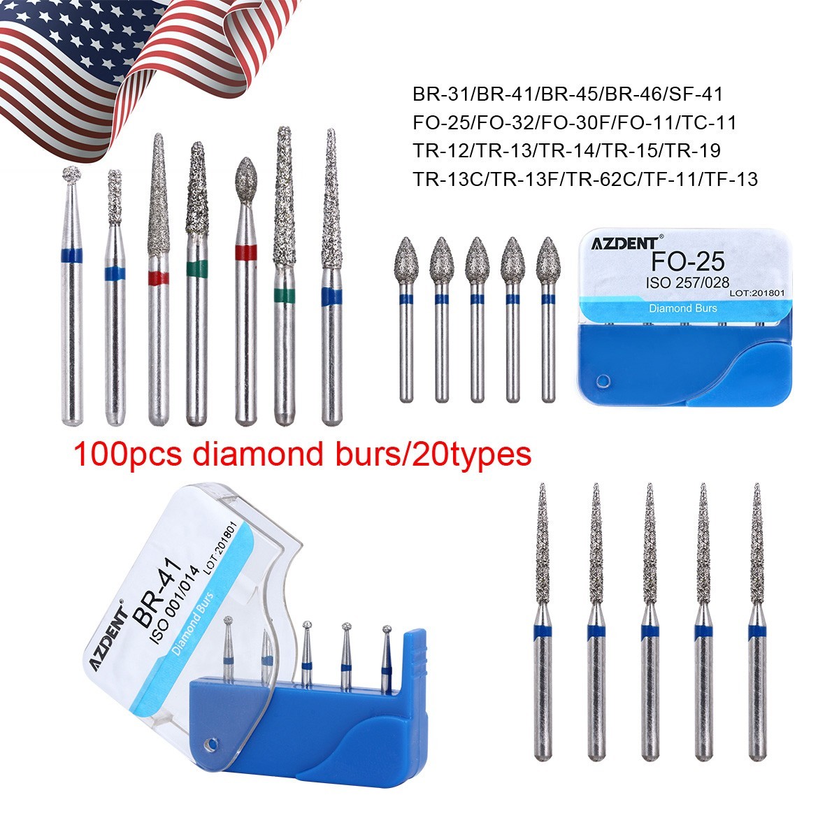 AZDENT 100Pcs Dental Diamond Burs for High Speed Handpiece Medium FG 1.6MM