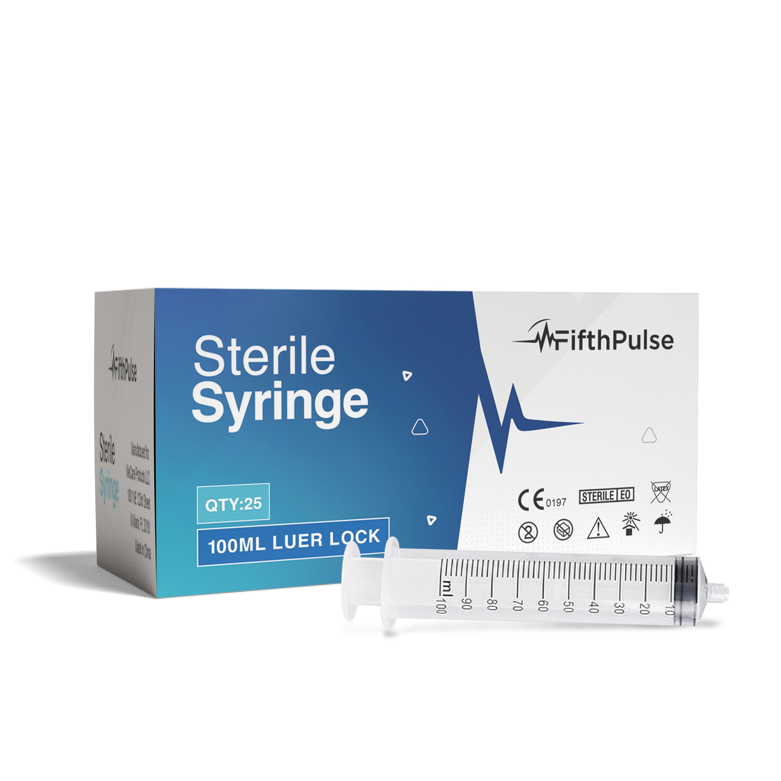 FifthPulse 100ml Syringe with Luer Lock (NO Needle) Dispensing Sterile – 25-Pack