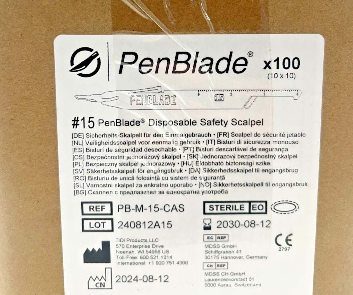 TIDI PenBlade #15 Disposable Safety Scalpel PB-M-15-CAS 100x (10Boxes of 10)
