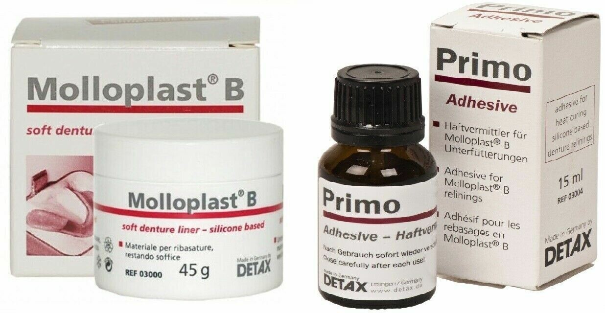 MolloPlast B Silicone Based Soft Relining Material 45g Jar & Primo Adhesive 15ml