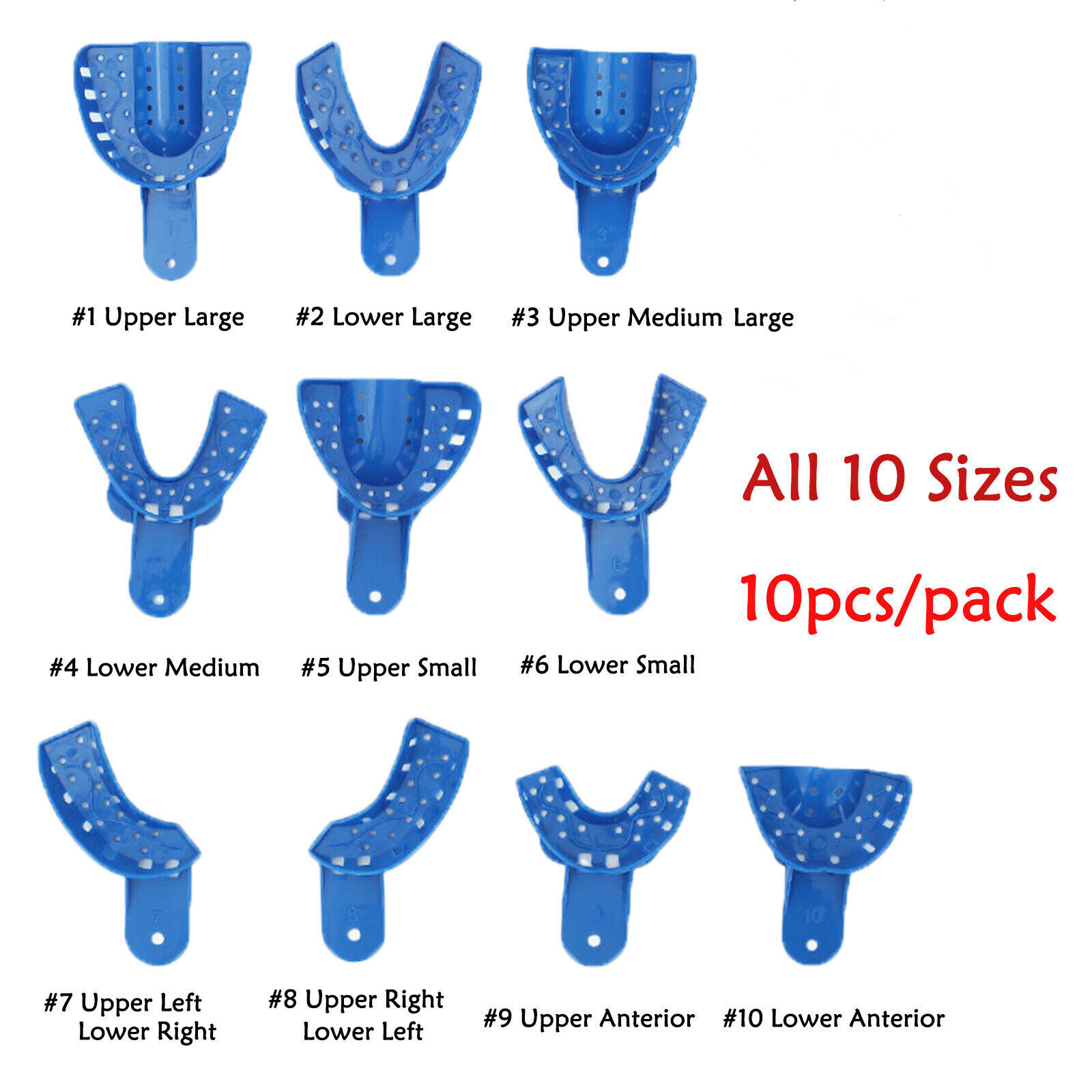 2/10Pcs Dental Plastic-Steel Impression Trays Blue Materials Upper+Lower L M S