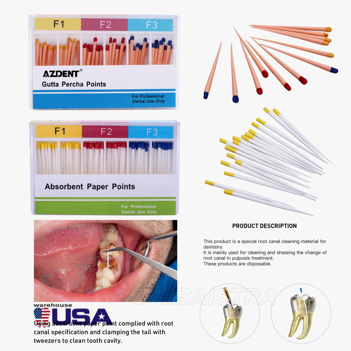 AZDENT Dental Endo Gutta Percha Point/Root Canal Absorbent Paper Points F1 F2 F3