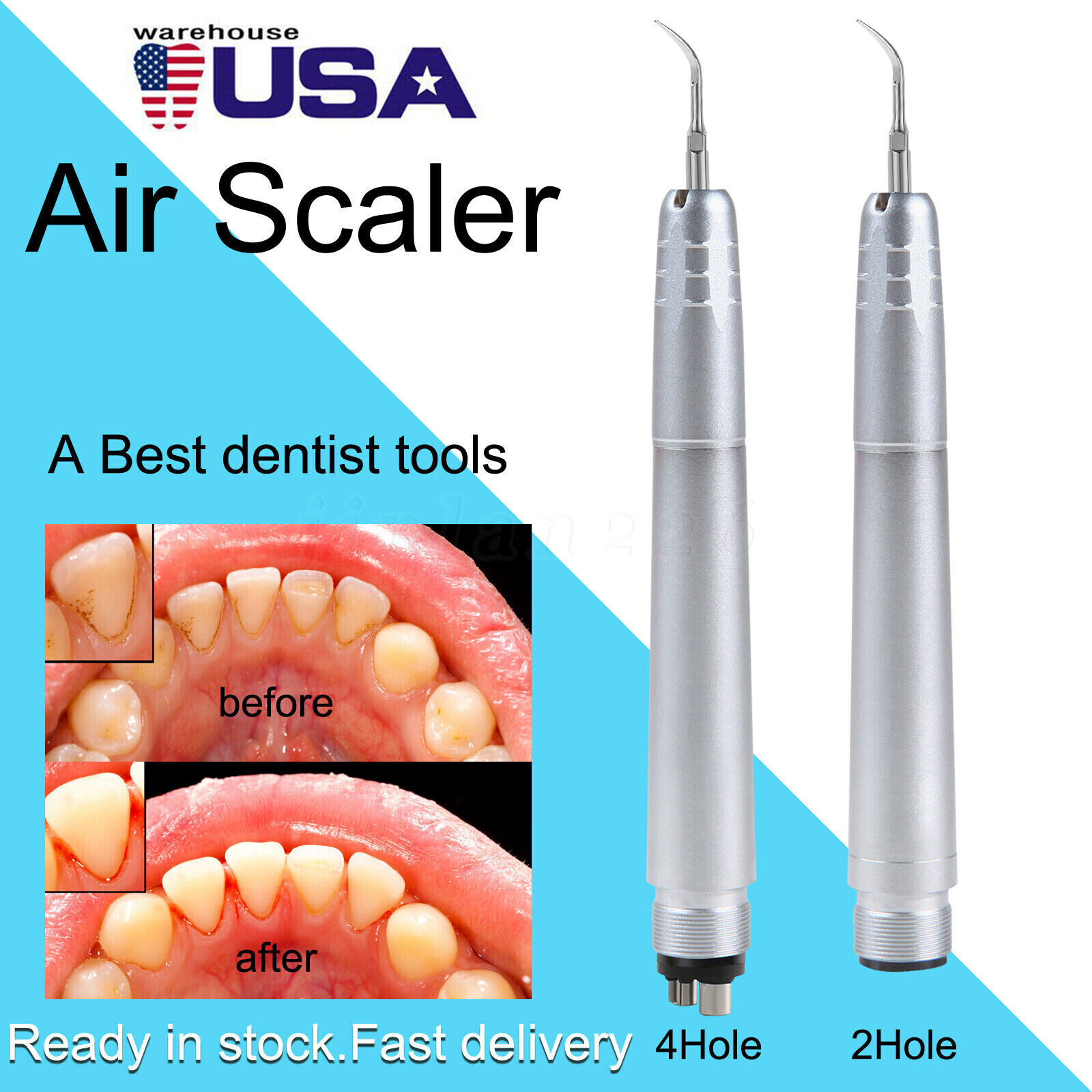 Dental Piezo Ultrasonic Air Scaler Handpiece Hygienist 2/4 Holes With 3 Tips