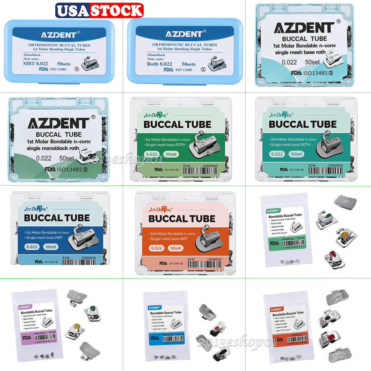 AZDENT Dental Orthodontic Buccal Tubes 1st/2nd Molar Tube Roth/MBT 022 Bondable