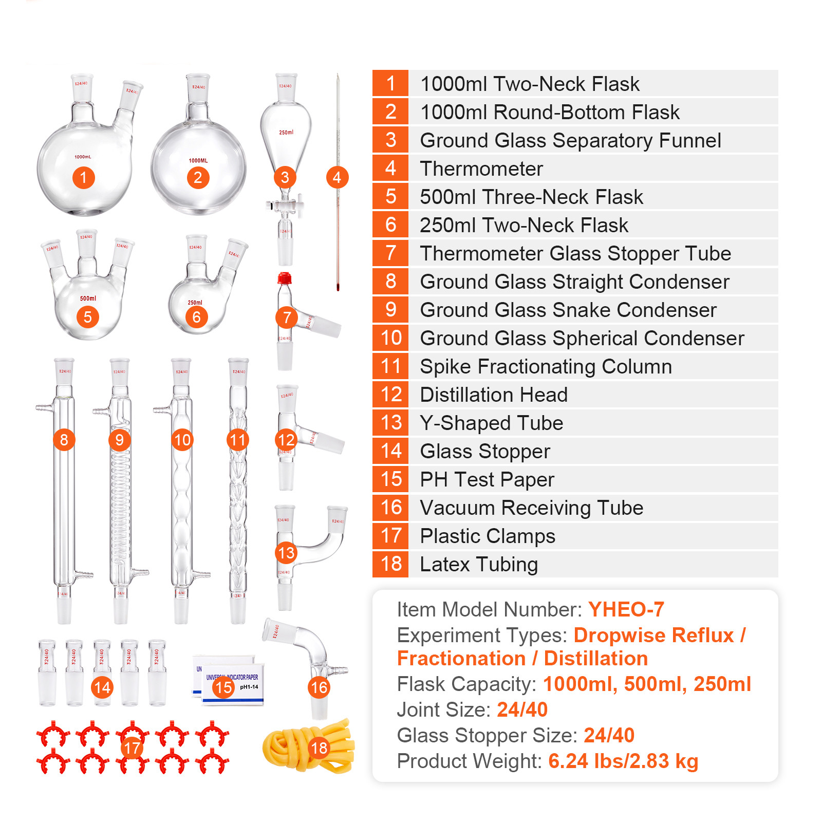VEVOR Lab Glassware Distillation Kit 1000ml 3.3 Boro 32 pcs Glassware Equipment