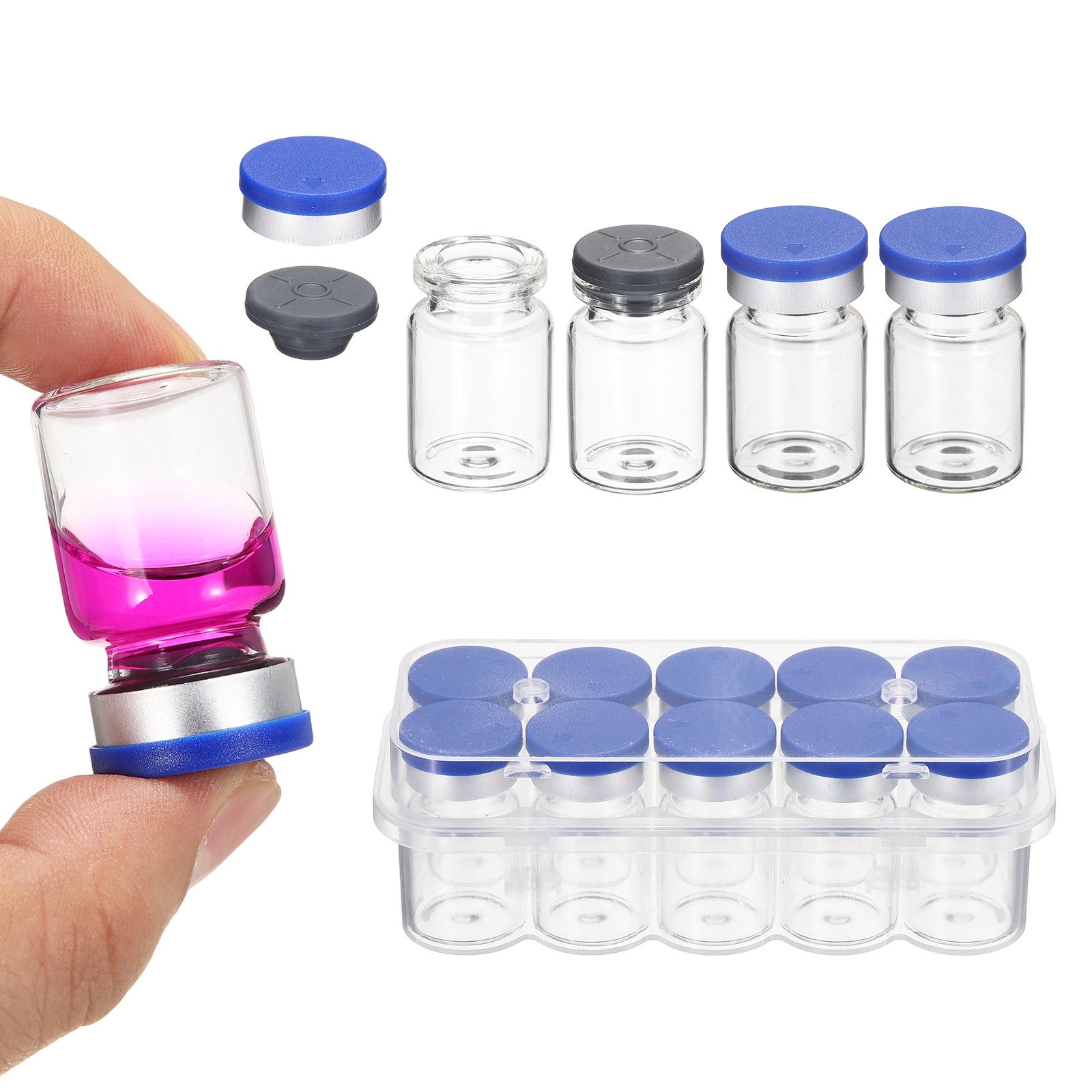 10 Pack 5ml Lab Empty Vials for Injection, Transparent and Blue