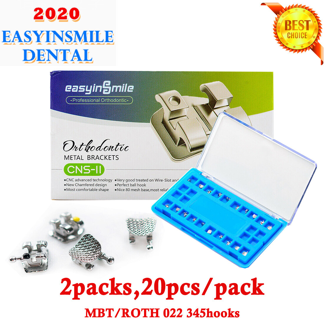 2Pks Dental Orthodontic Mini Brackets Roth/MBT 022” 345 Hook Metal Ortho Braces