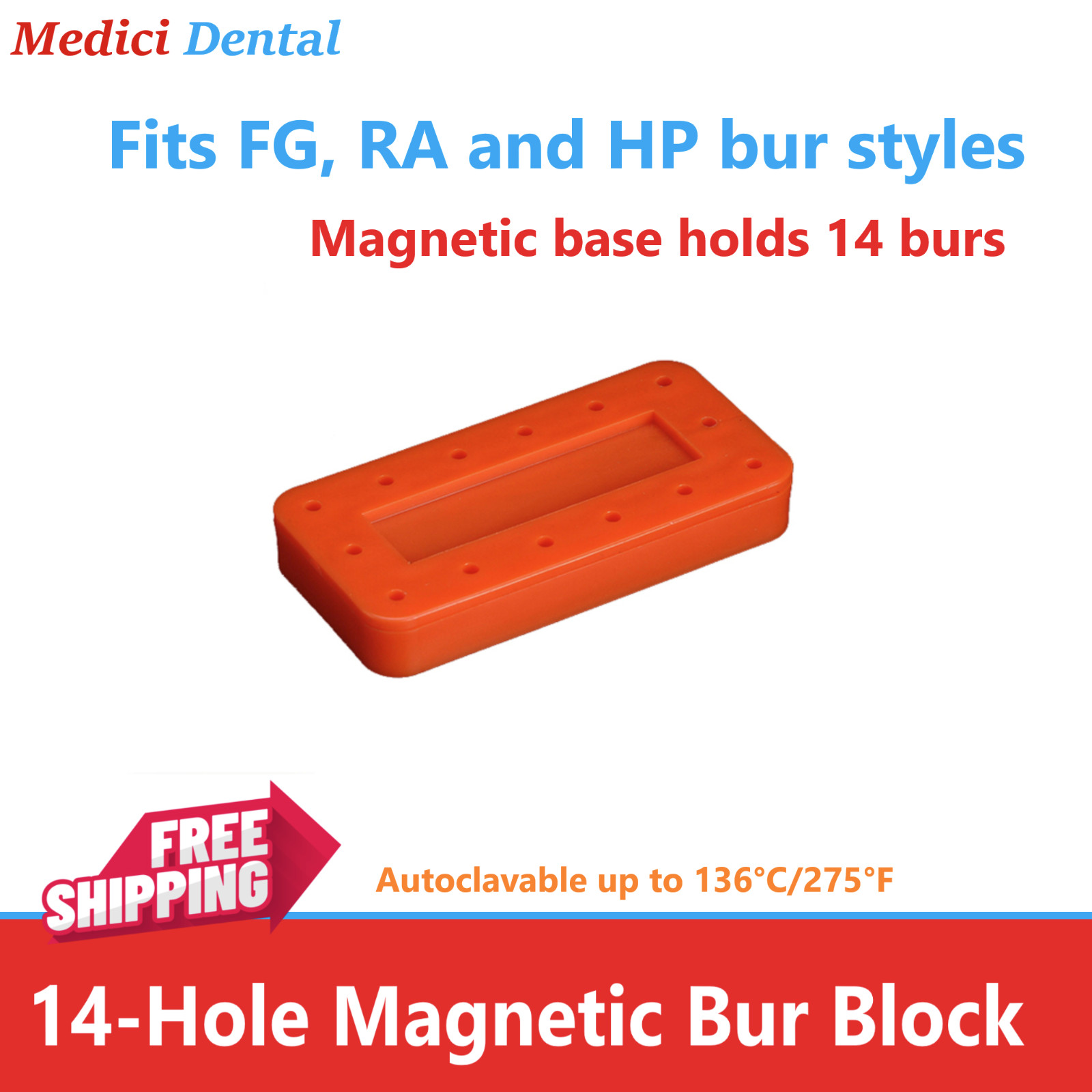 Dental Bur Block Magnetic RECTANGULAR Lab Holder Station Hold 14 Burs FG, HP, RA