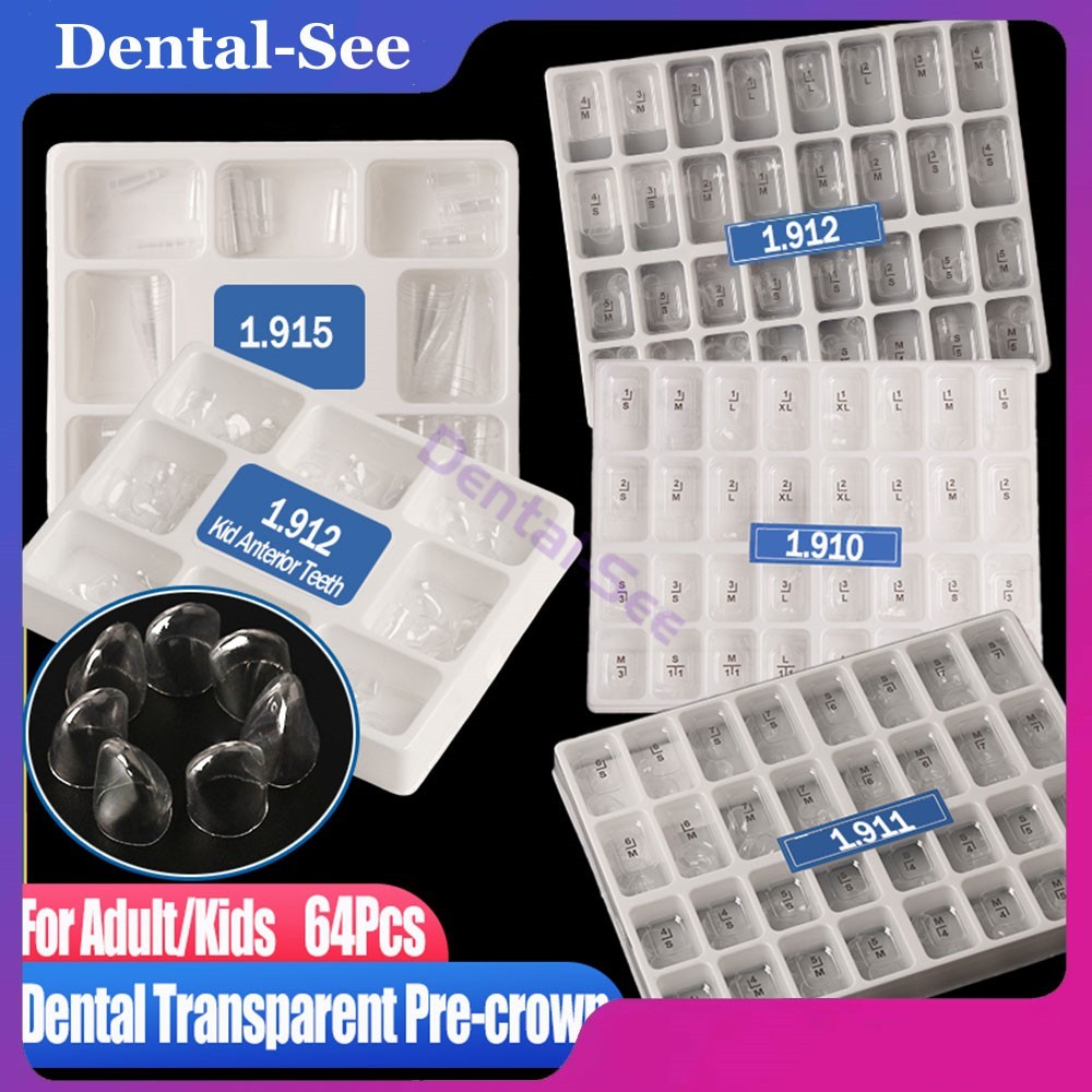64 Pcs Dental Resin Preformed Crown Temporary Transparent Adult/Kids Pre-corona