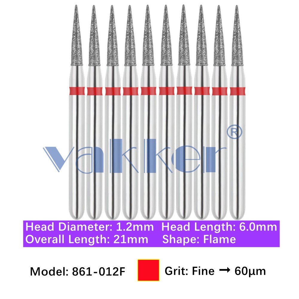 Vakker 10pc Dental 861-012F Fine Grit FG Diamond Burs Friction Grip Flame Shape