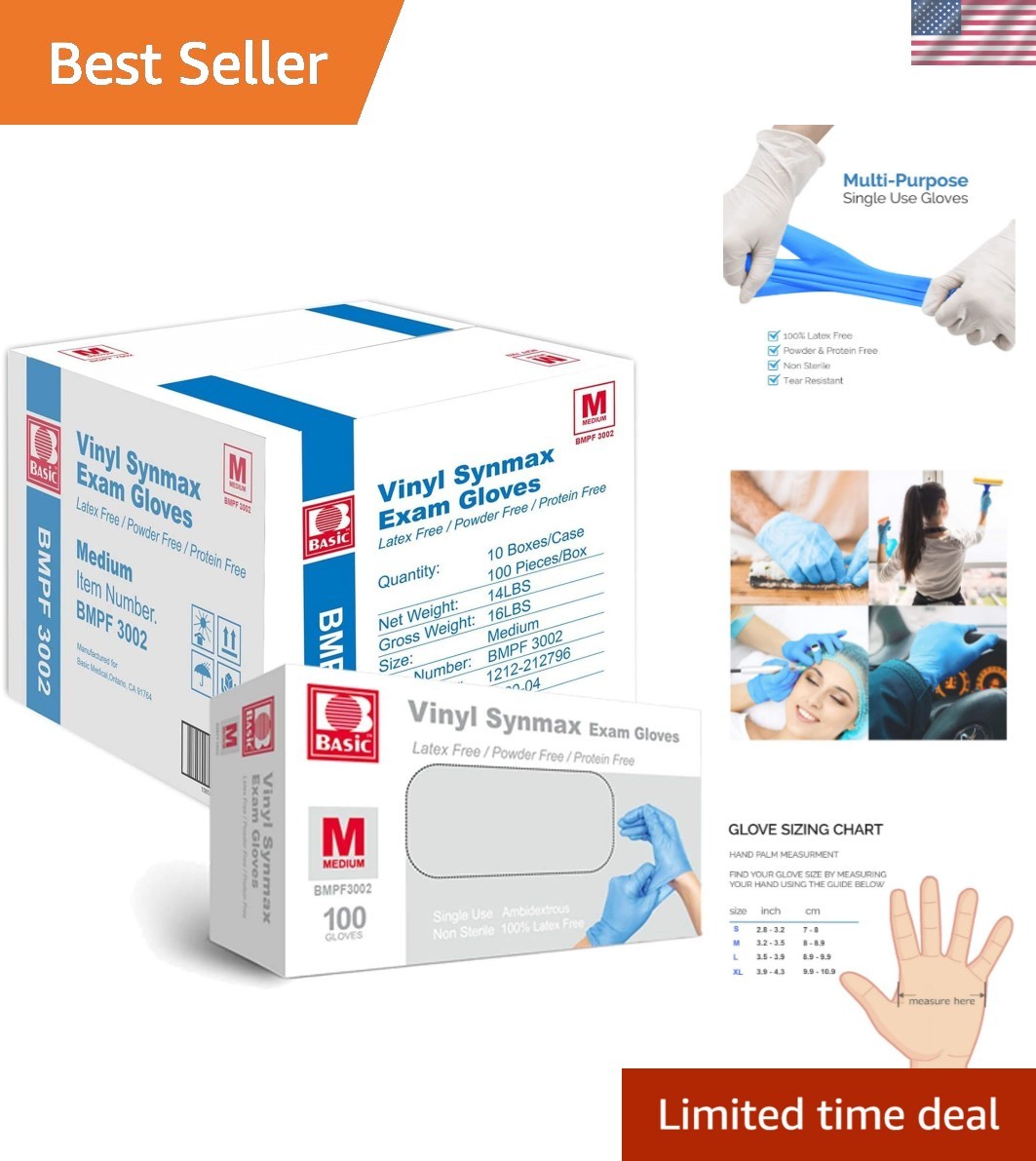 Basic Synmax Vinyl Exam Gloves Disposable Exam Gloves, 4 Mil, Blue, Latex & P…