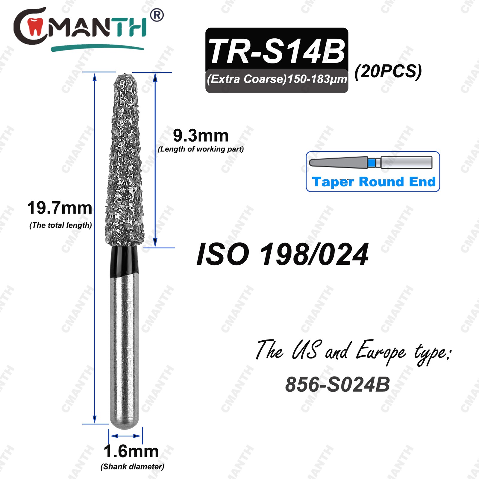 TR Type Dental Diamond Burs Fit High Speed Handpiece 1.6mm Drills 20pcs