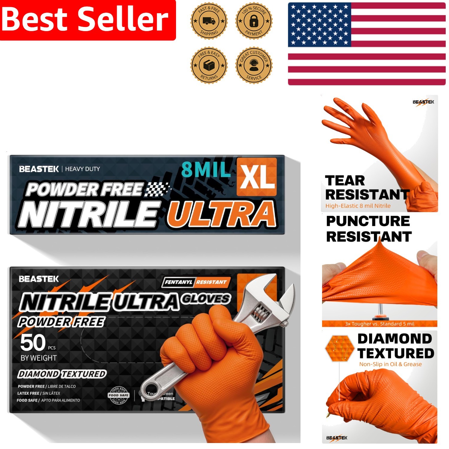 XL Orange Nitrile Gloves Heavy Duty 8 Mil Chemical Resistant Food Grade 50ct