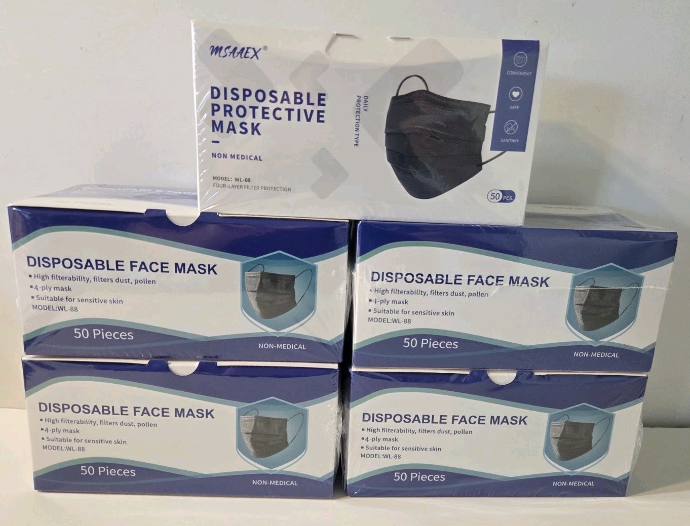 250 PCS Disposable Face Mask Non Medical 4 Ply Ear loop Black Masks NEW Sealed