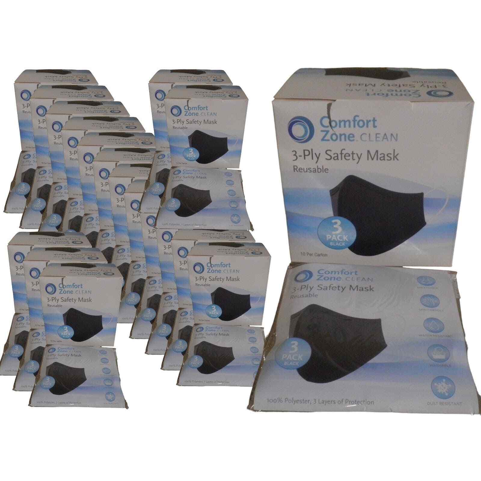 540 Ct. Case- Reusable Fabric Mask, 180-PKS of 3, 3-Layer, Black, 100% Polyester