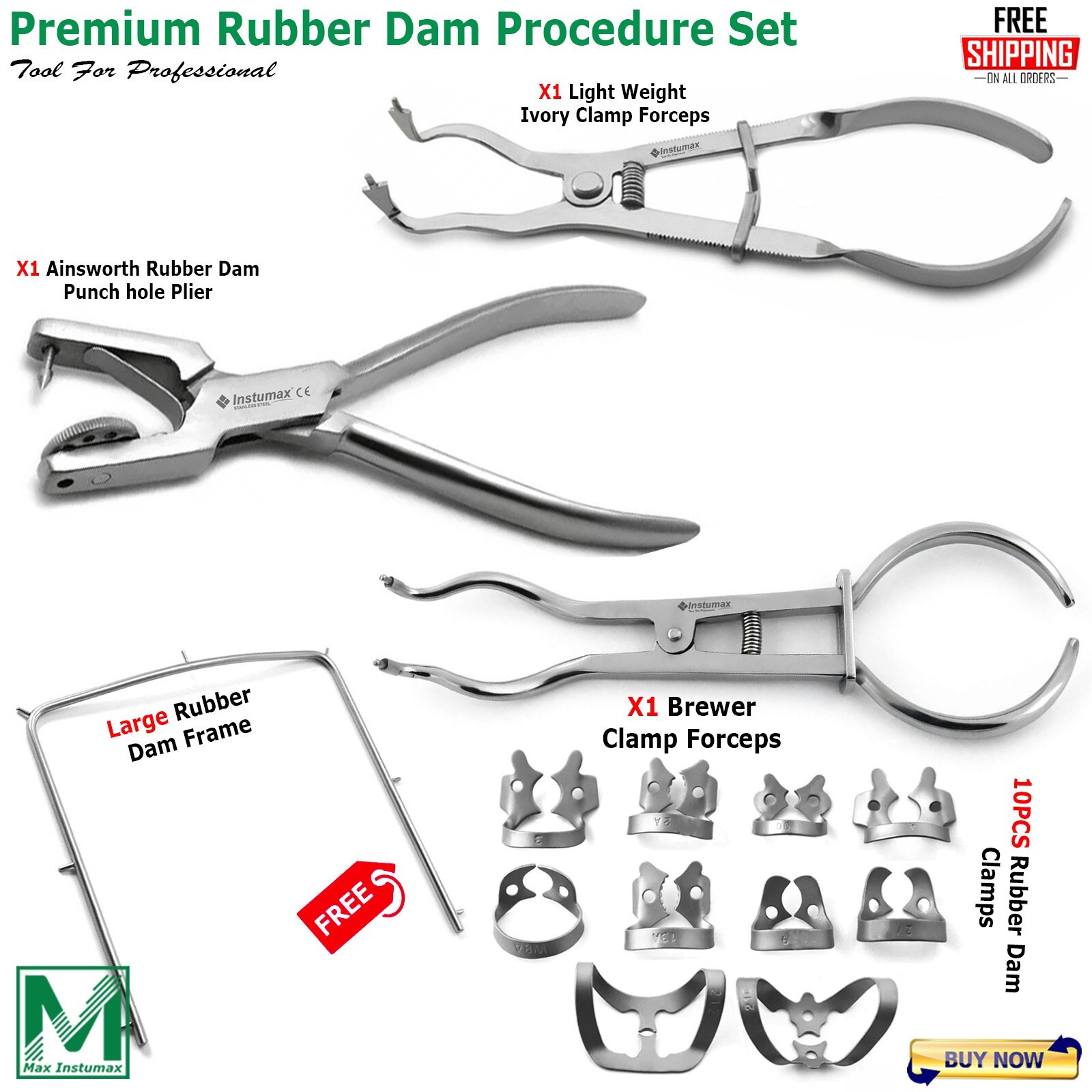 INSTUMAX® Rubber Dam Holder Ivory Clamps Forceps Ainsworth Punch Pliers Frame CE