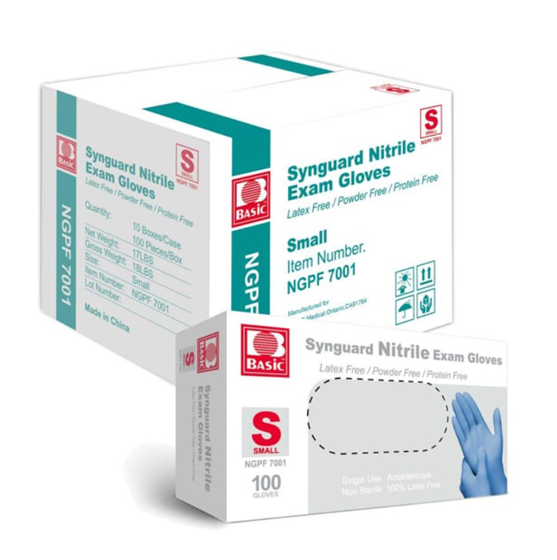 Synguard Nitrile Exam Gloves, Powder-Free, Blue, Small, 1000/Cs (10 x 100/Bx)