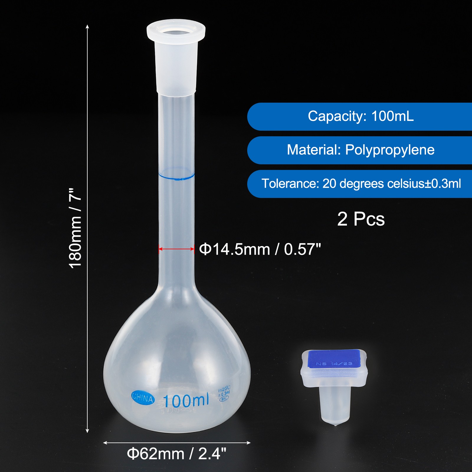 100ml 2 Pcs Polypropylene Volumetric Flask with Plug Cap Tolerance 0.3ml