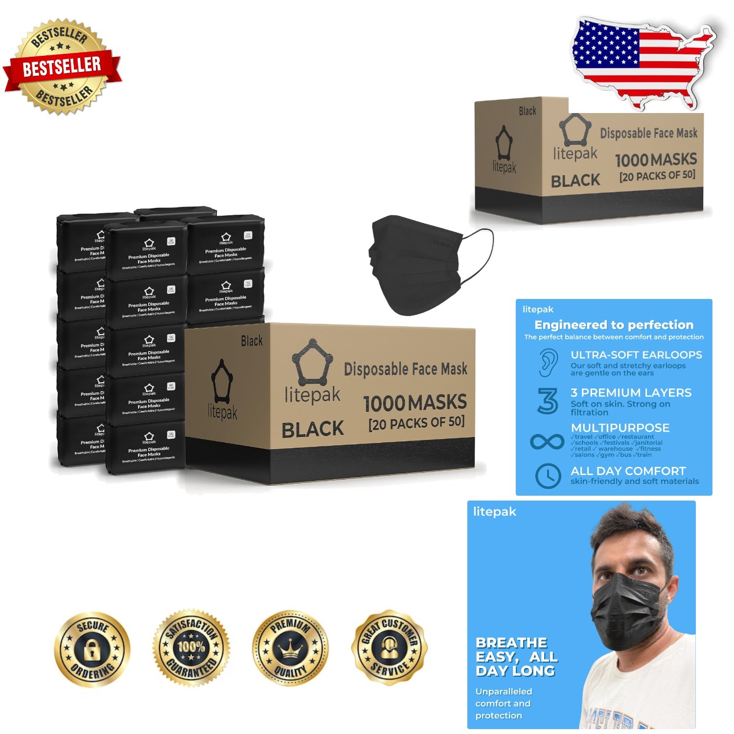 Bulk 1000 Black Disposable Face Masks Adult Lightweight Stretchy Earloop