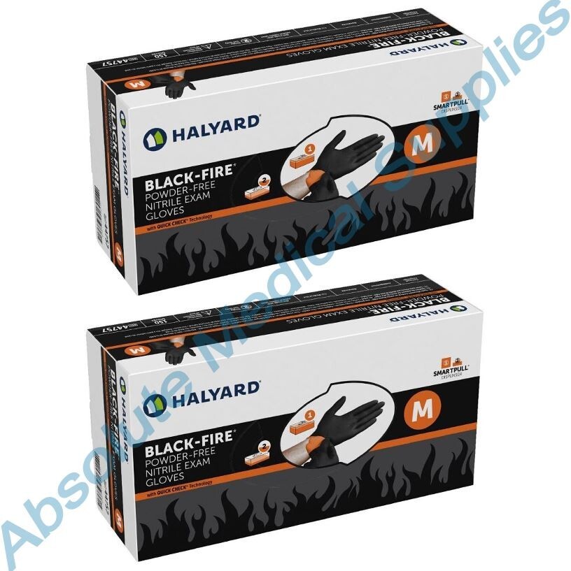*300-Pieces* Halyard Black-Fire PF Nitrile Medical Exam Gloves Medium 44757