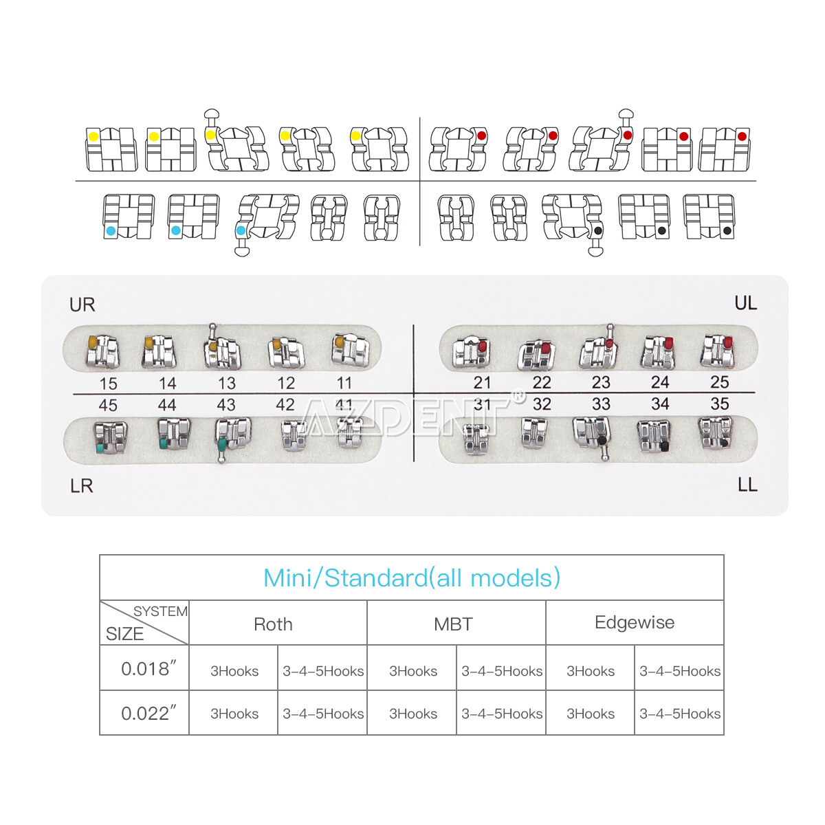 10 Packs Brackets Metálicos de Ortodoncia Dental Mini Roth .022 Ganchos 3 AZDENT