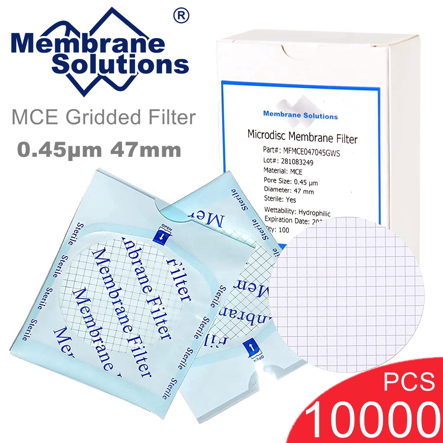 10000pcs MCE Gridded Membrane Filter 47mm 0.45um Mixed Cellulose Ester Sterile