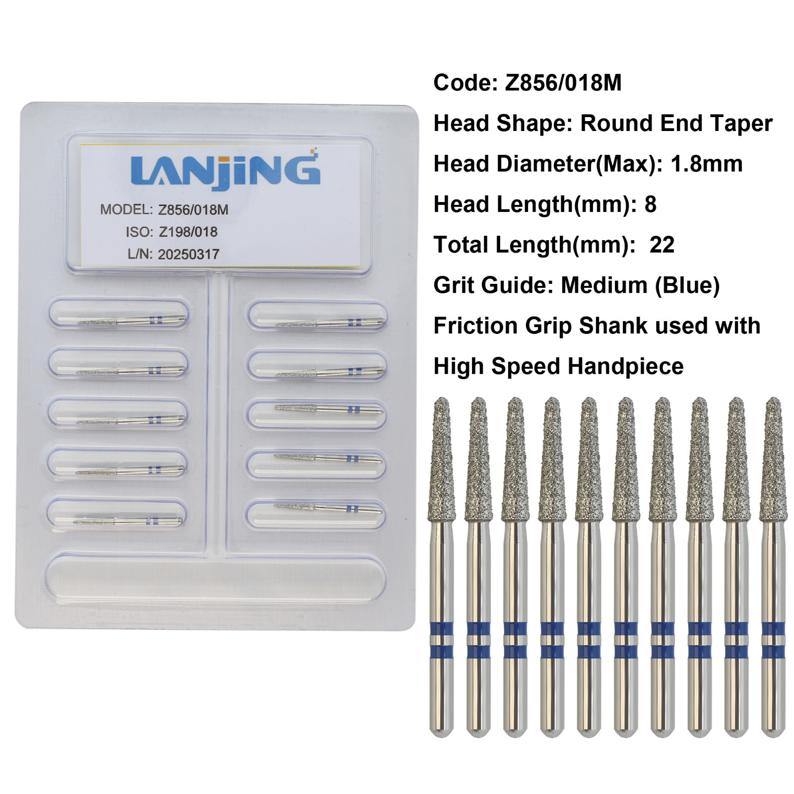 Dental Diamond Burs Round End Taper Zirconia Adjustment FrictionGrip Fine Medium