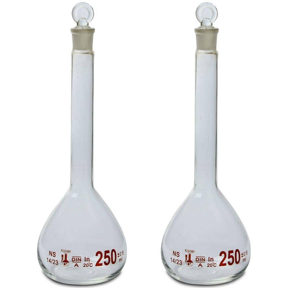 250ml Volumetric Flask, 3.3 Boro Glass, Class A, Ground Stopper, (8 Packs of 2)