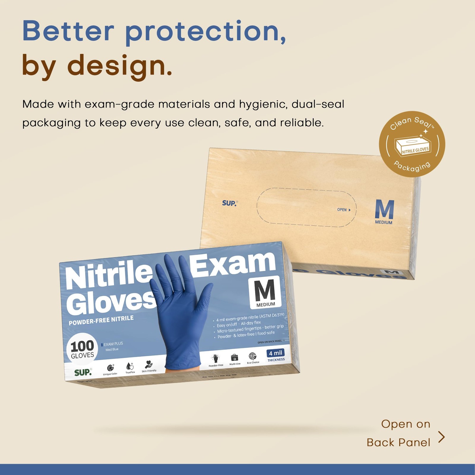 SUP Powder-Free Nitrile Exam Gloves, 100 Count, Medium, 100 Medium (Med Blue)
