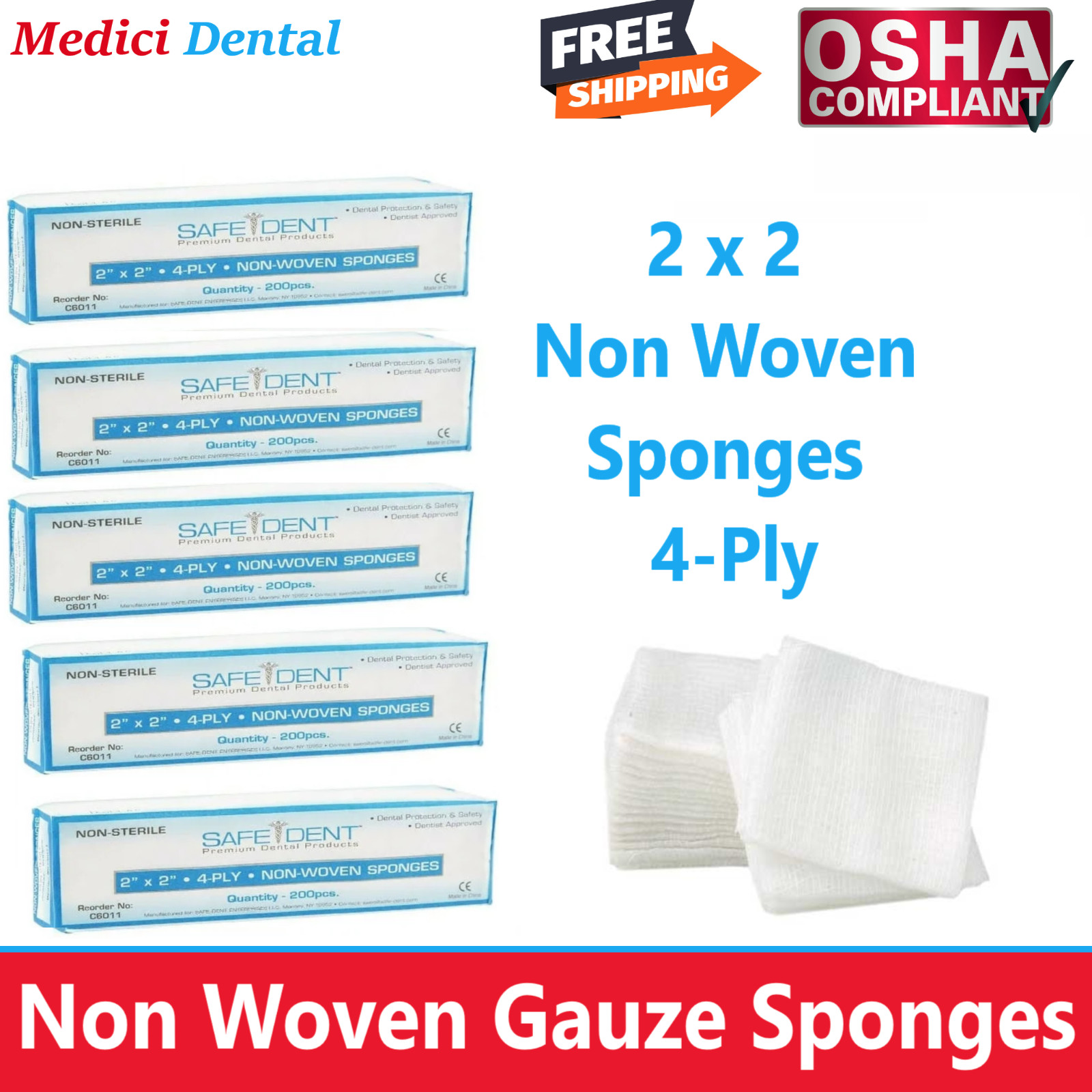 1000 Pack – 2×2 Non Woven Gauze Sponges 4-Ply, Non-Sterile Cotton Dental Medical