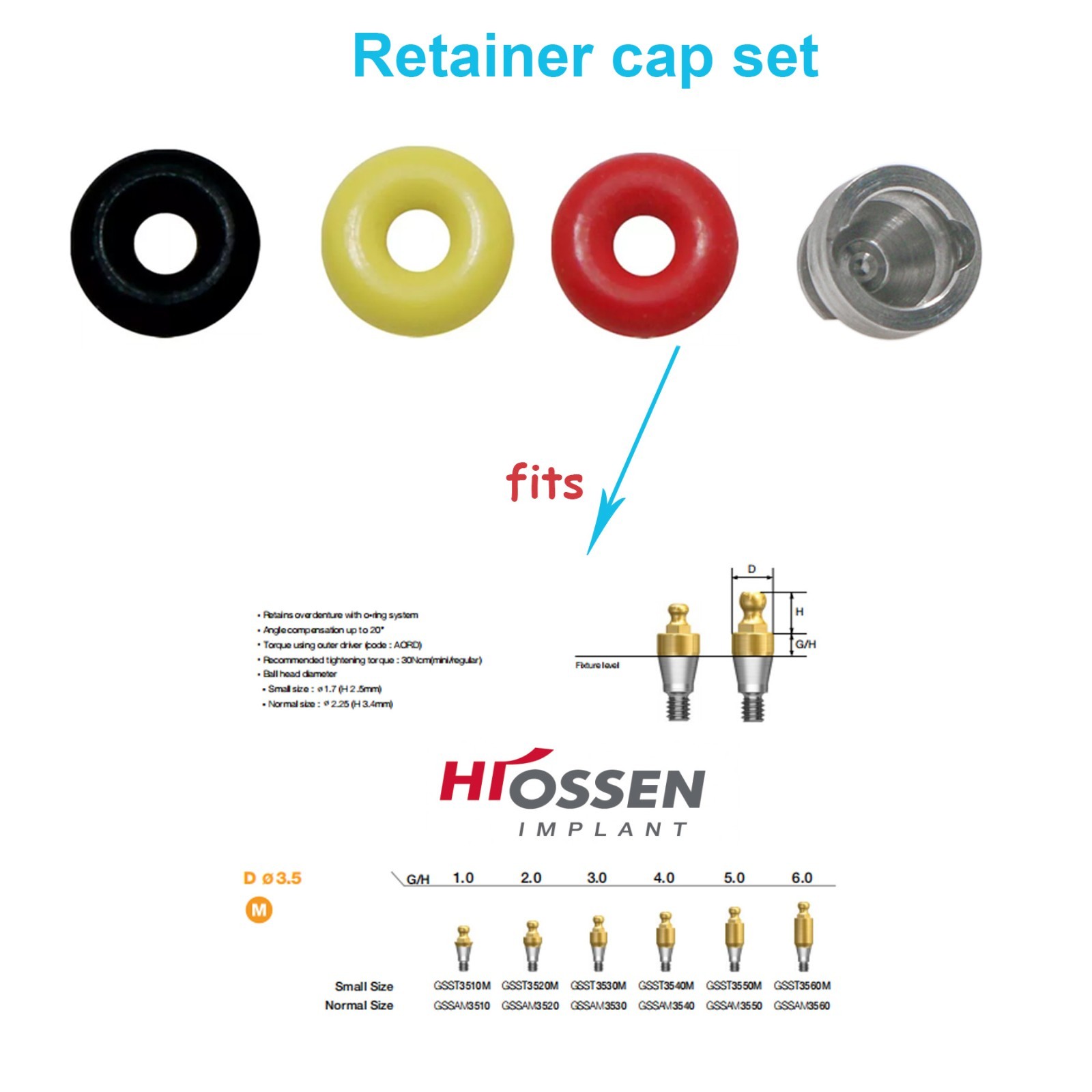 4Pc/Set Implant O-Ring Retention Cap Kit for Hiossen Osstem Ball Abutment Dental