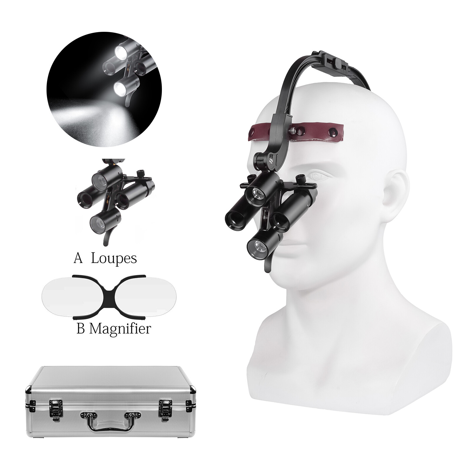Dental Optical 5W Wireless LED Headlight Two LED Lights+6.0X-420 Loupes+AL-BOX